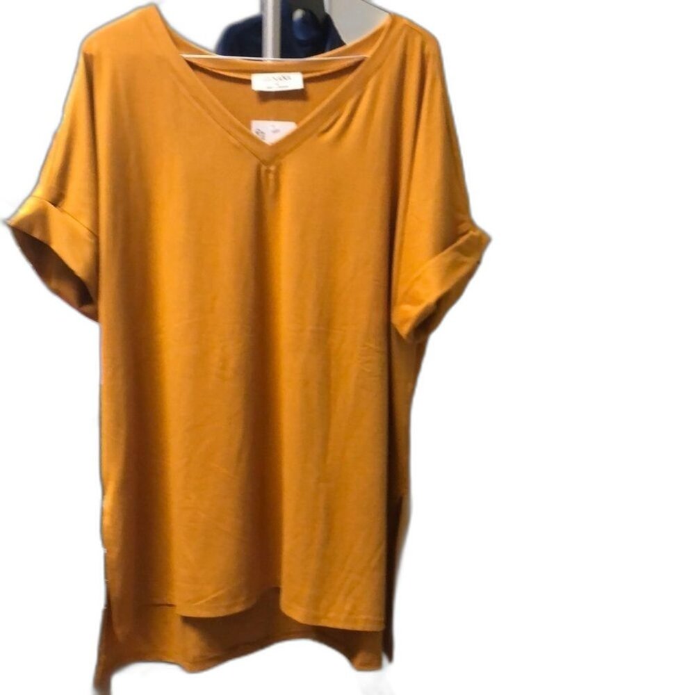 NWT - Zenana Solid Rolled Sleeve V-Neck with Side Slit Top